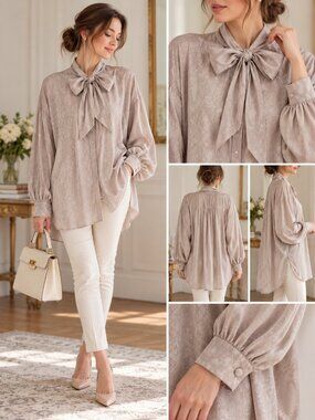 Aritzia Babaton 1-01 Vandelay Jacquard Tie Neck Blouse Taupe M